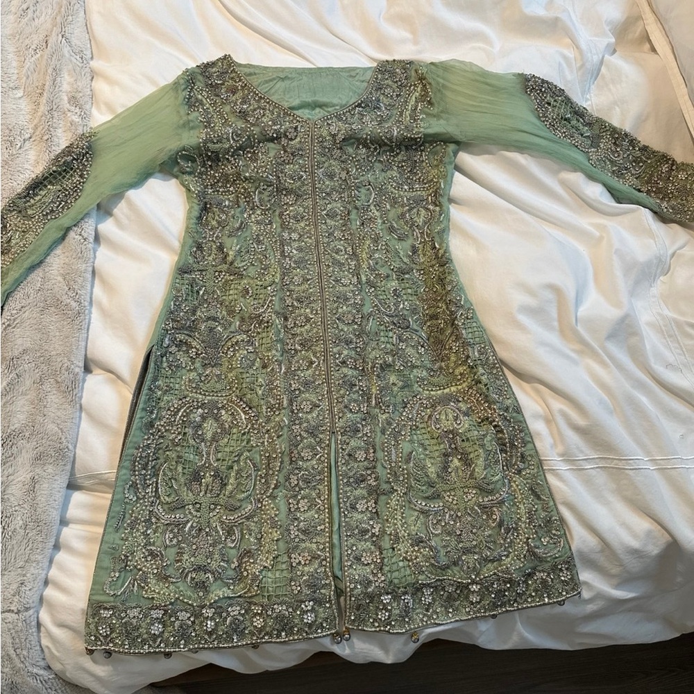 Embellished Sage Green Women's Pakistani Dress - Picture 6 of 7